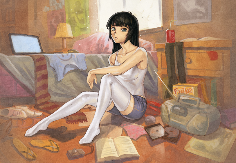 1girl bare_shoulders bed bedroom black_hair blue_shorts blunt_bangs book boombox breasts camisole can cd cd_case closed_mouth commentary commission computer computer_mouse drink_can drinking_straw elbow_rest english_commentary expressionless flip-flops food_packaging full_body green_eyes heart heart_print ilya_kuvshinov indoors knee_up lamp laptop light_particles long_hair medium_breasts messy_room nightstand on_ground open_book original panties pillow pink_panties poster_(object) print_panties sandals scarf shoes short_shorts shorts sitting soda_can solo spaghetti_strap thighhighs underwear unworn_footwear unworn_panties unworn_scarf unworn_shirt unworn_thighhighs white_camisole white_thighhighs window