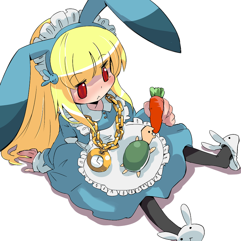 1girl :&lt; animal animal_ear_hairband animal_ears animal_on_lap animal_slippers apron artist_request black_pantyhose blonde_hair blue_dress blue_hairband bunny_slippers carrot chain closed_mouth collared_dress dress fake_animal_ears frilled_apron frills futaba_channel gold_chain hairband holding holding_carrot long_hair long_sleeves maid maid_apron maid_headdress nijiura_maids on_lap pantyhose pendant_watch rabbit_ear_hairband rabbit_ears red_eyes shadow simple_background sitting slippers third-party_source turtle usai white_apron white_background white_footwear