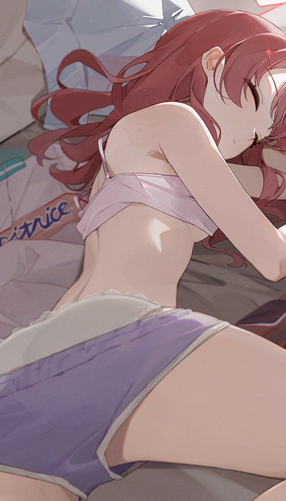 1girl bra breasts closed_eyes clothes_pull gakuen_idolmaster hanami_saki highres hiroki_(yyqw7151) idolmaster lying medium_breasts medium_hair on_side panties pink_bra purple_shorts red_hair shorts shorts_pull sleeping solo underwear