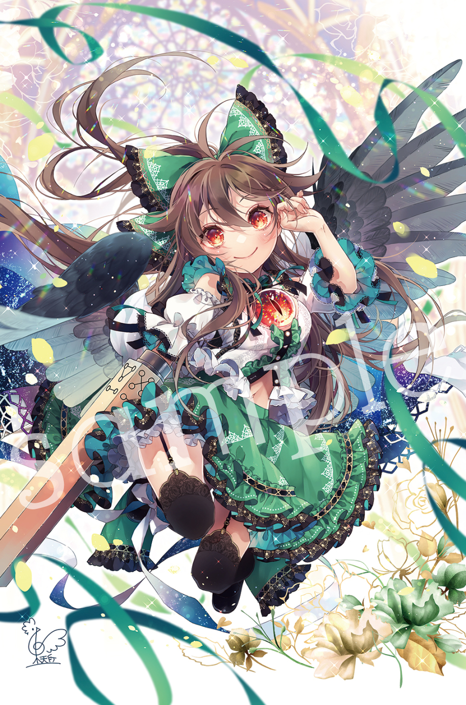 1girl bird_wings black_wings bow breasts cape chest_jewel feathered_wings frills garter_straps green_bow green_skirt hair_bow highres long_hair red_eyes reiuji_utsuho skirt solo starry_sky_print thighhighs touhou toutenkou weapon white_cape wings