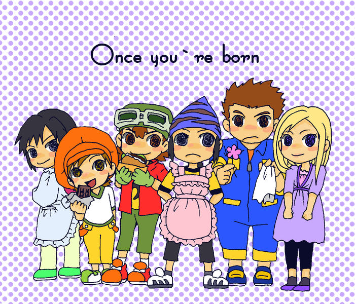 1girl 5boys blonde_hair digimon digimon_frontier green_eyes himi_tomoki kanbara_takuya kimura_kouichi long_hair minamoto_kouji multiple_boys orimoto_izumi shibayama_junpei