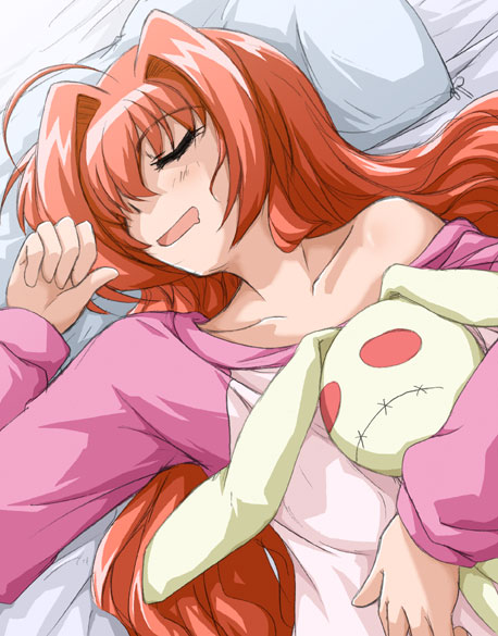 00s 1girl bioroid_hei female_focus long_hair lying lyrical_nanoha mahou_shoujo_lyrical_nanoha pillow sleeping solo stuffed_animal stuffed_toy tagme upper_body vita_(nanoha)