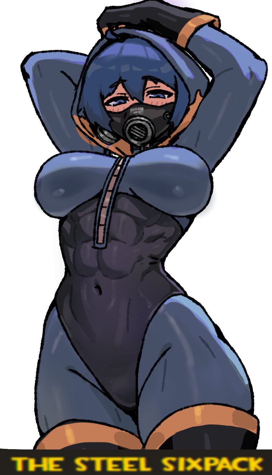 1girl arms_up black_gloves blu_pyro_(tf2) blue_bodysuit blue_eyes blue_hair bodysuit breasts commission covered_navel cowboy_shot english_text gas_mask genderswap genderswap_(otf) gloves half-closed_eyes highres impossible_bodysuit impossible_clothes large_breasts looking_at_viewer mask muscular muscular_female pyro_(tf2) short_hair simple_background solo team_fortress_2 wersman white_background zipper