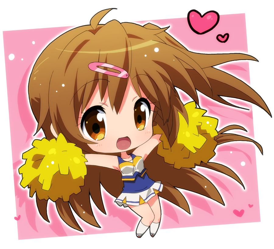 10s 1girl blush brown_eyes brown_hair cheerleader chibi chuunibyou_demo_koi_ga_shitai! female_focus hahifuhe hair_ornament hairclip heart long_hair looking_at_viewer nibutani_shinka open_mouth pom_pom_(cheerleading) skirt smile solo