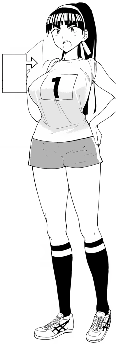 1girl breasts ebino_mei hatsukoi_zombie kneehighs large_breasts long_hair monochrome official_art ponytail shorts sleeves_rolled_up socks thick_eyebrows thighs