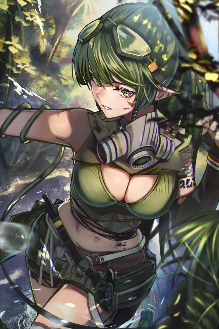 1girl arknights bare_shoulders breasts cleavage commentary_request cowboy_shot crop_top day gavial_(arknights) gavial_the_invincible_(arknights) goggles goggles_on_head green_eyes green_hair grin large_breasts long_hair looking_at_viewer material_growth motivation_(user_kace3282) navel o-ring official_alternate_costume oripathy_lesion_(arknights) outdoors plant pointy_ears smile solo standing wading water