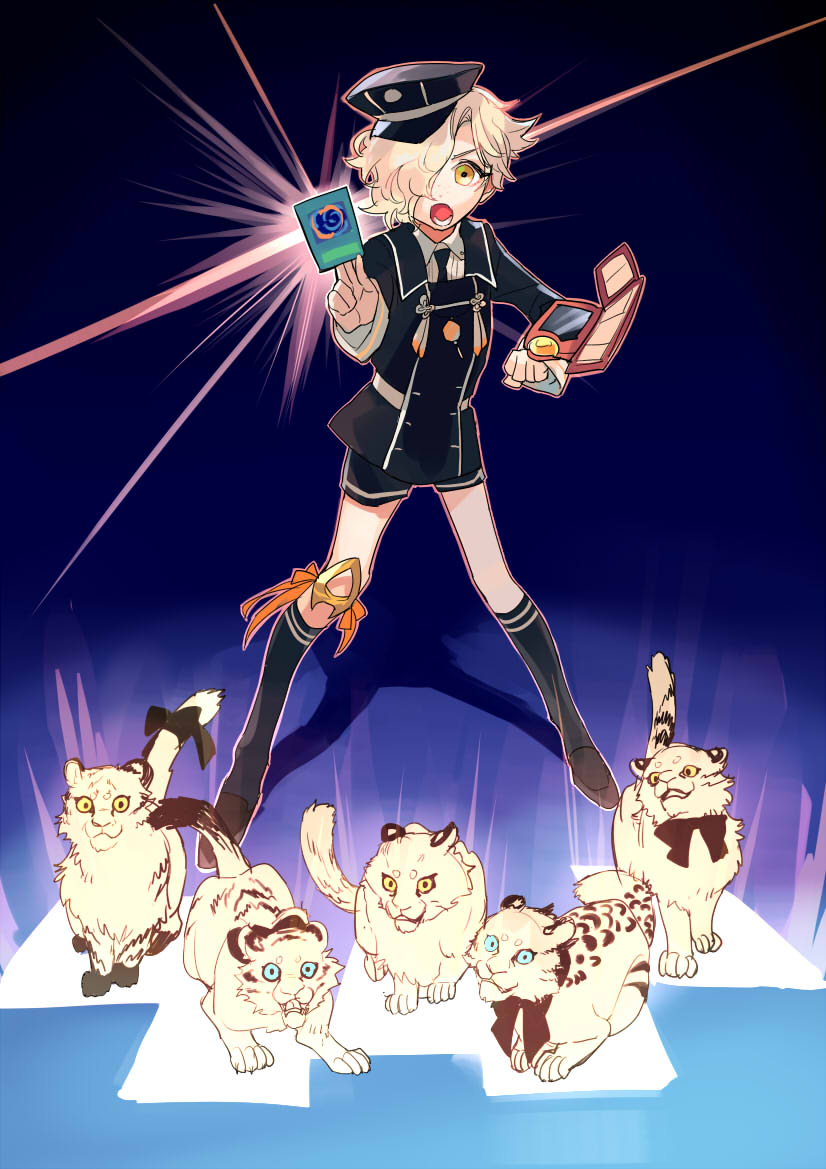 10s 1boy black_socks blue_eyes card duel_disk duel_monster gokotai gokotai&#039;s_tigers hair_over_one_eye hat holding holding_card kneehighs kushabiria male_focus military military_uniform necktie open_mouth polymerization shorts socks tiger tiger_cub touken_ranbu white_hair white_tiger yellow_eyes yu-gi-oh!