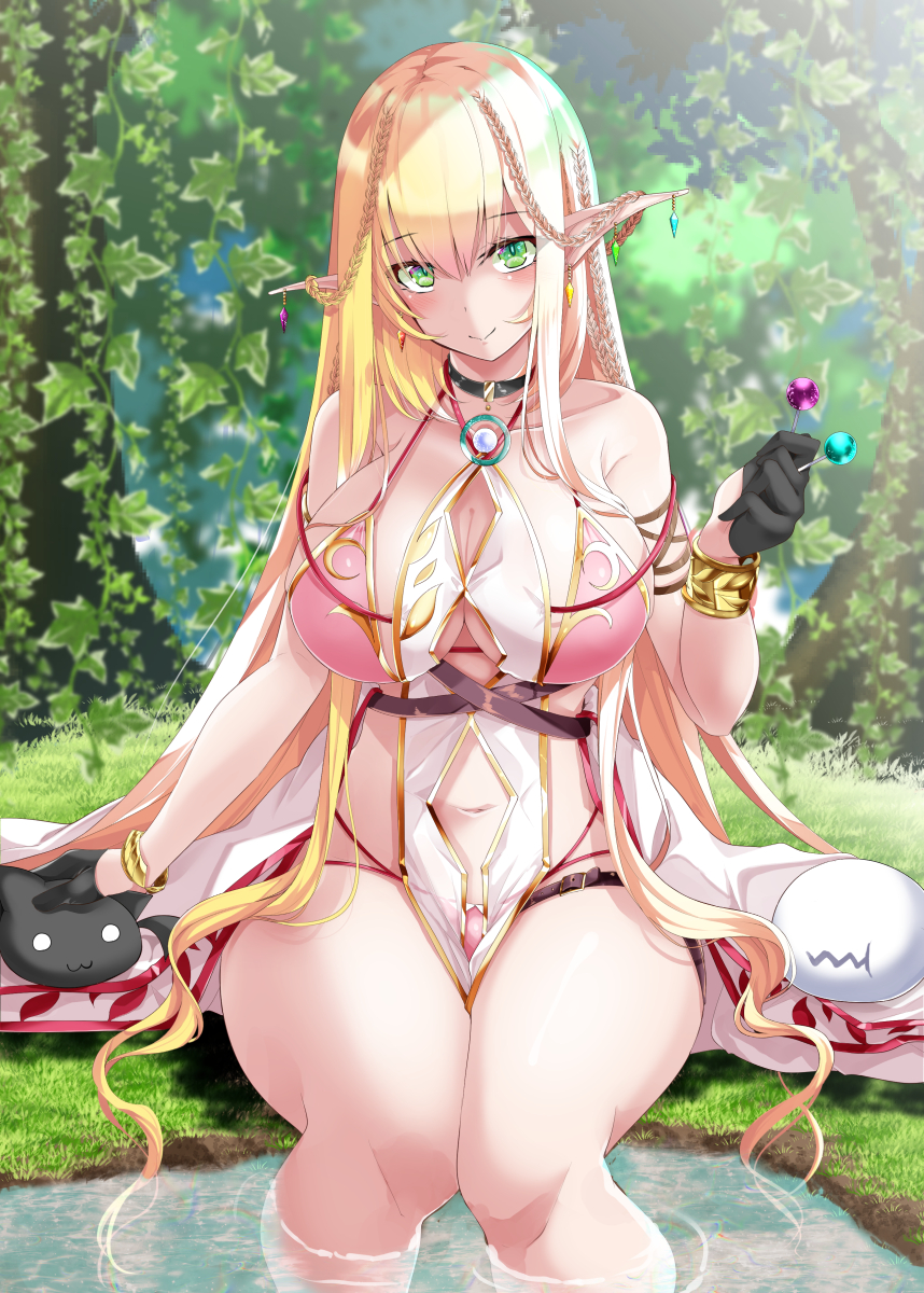 1girl bare_shoulders blonde_hair blush breasts cleavage elf green_eyes highres large_breasts long_hair looking_at_viewer original pointy_ears shirosuzu smile thighs