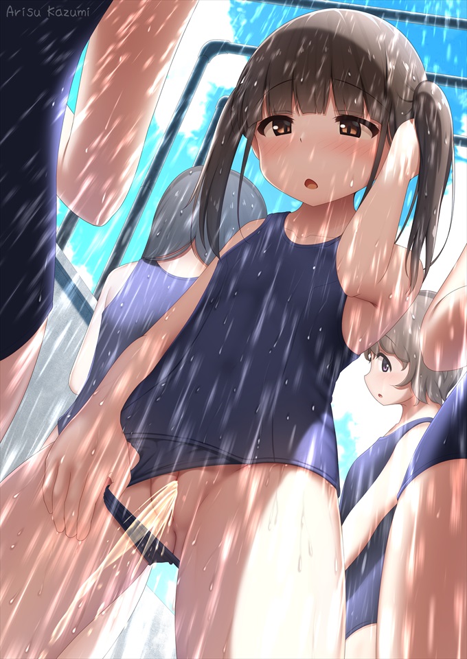 5girls arisu_kazumi black_hair blush brown_eyes cleft_of_venus clothing_aside from_behind long_hair multiple_girls open_mouth original peeing purple_eyes pussy standing swimsuit swimsuit_aside twintails uncensored