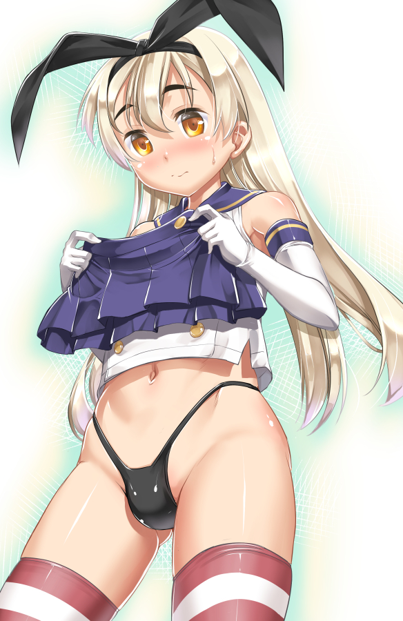 1boy black_panties blonde_hair blush bulge closed_mouth detached_sleeves elbow_gloves genderswap genderswap_(ftm) gloves hairband holding holding_unworn_clothes holding_unworn_clothes holding_unworn_skirt kantai_collection male_focus navel nose_blush panties red_thighhighs shimakaze-kun shimakaze_(kancolle) shiny_skin shirt simple_background skirt sleeveless sleeveless_shirt solo standing striped_clothes striped_thighhighs sweat takase_yuu thighhighs trap underwear unworn_skirt white_background white_gloves white_sleeves white_thighhighs