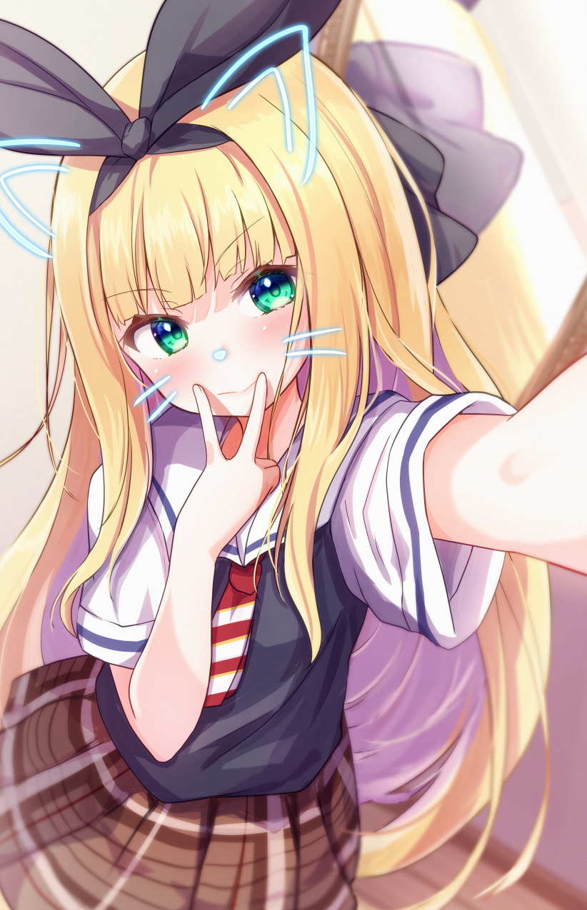 1girl baram black_hairband black_ribbon blonde_hair blunt_bangs brown_skirt commentary_request drawn_ears drawn_whiskers face_filter green_eyes hair_ribbon hairband head_tilt highres indoors long_hair looking_at_viewer mirror mononobe_alice mononobe_alice_(3rd_costume) multicolored_hair nijisanji plaid_clothes plaid_skirt pleated_skirt purple_hair reaching reaching_towards_viewer reflection ribbon school_uniform selfie serafuku shirt short_sleeves skirt solo sweater_vest two-tone_hair v-shaped_eyebrows very_long_hair virtual_youtuber white_shirt