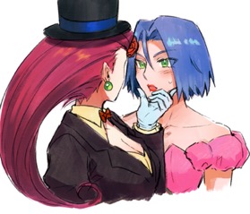 1boy 1girl apple_brk black_headwear blue_hair breasts cleavage creatures_(company) crossdressing dress earrings eye_contact formal_clothes game_freak gloves green_eyes hat image_sample james_(pokemon) jessie_(pokemon) jewelry looking_at_another lowres nintendo open_mouth pink_dress pink_hair pokemon pokemon_(anime) red_hair suit tuxedo twitter_sample upper_body white_gloves