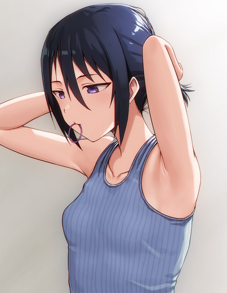 1girl armpits black_hair breasts commentary_request expressionless hair_between_eyes hair_tie hashi looking_down mouth_hold original presenting_armpit purple_eyes ribbed_tank_top short_hair simple_background small_breasts solo sweater tank_top tying_hair