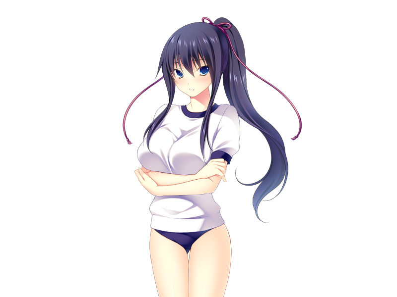 1girl ayase_hazuki blue_eyes blush breasts buruma crossed_arms game_cg grand_cru_bourgeois gym_uniform large_breasts legs long_hair looking_at_viewer nukidoki! ponytail purple_hair sakurano_kiri simple_background solo standing thighs