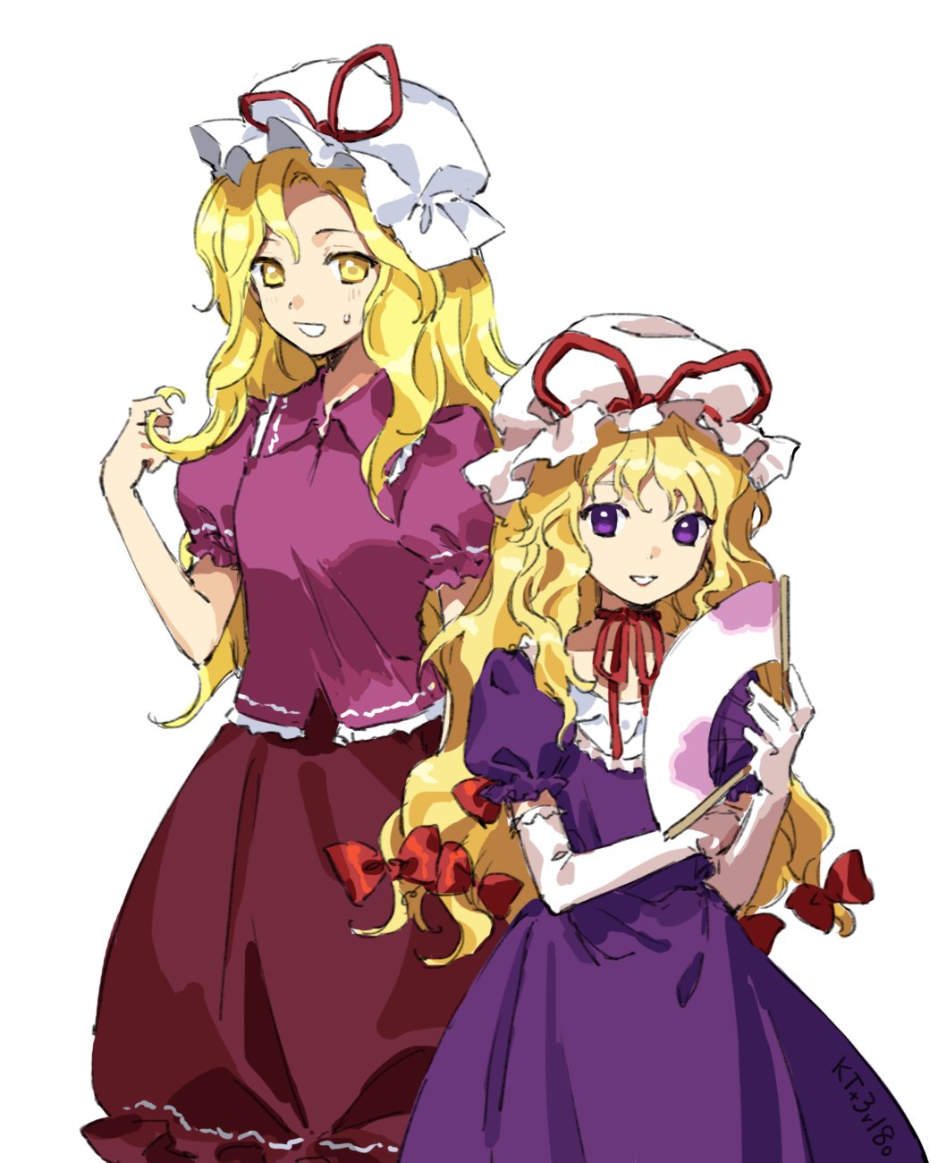 2girls blonde_hair bow breasts dress folding_fan gloves hair_bow hand_fan hat hat_ribbon highres kaigen_1025 long_hair looking_at_viewer maribel_hearn mob_cap multiple_girls neck_ribbon pink_shirt purple_dress purple_eyes red_bow red_ribbon red_skirt ribbon ribbon-trimmed_skirt ribbon_trim shirt signature simple_background skirt smile sweatdrop touhou white_background white_gloves yakumo_yukari yellow_eyes