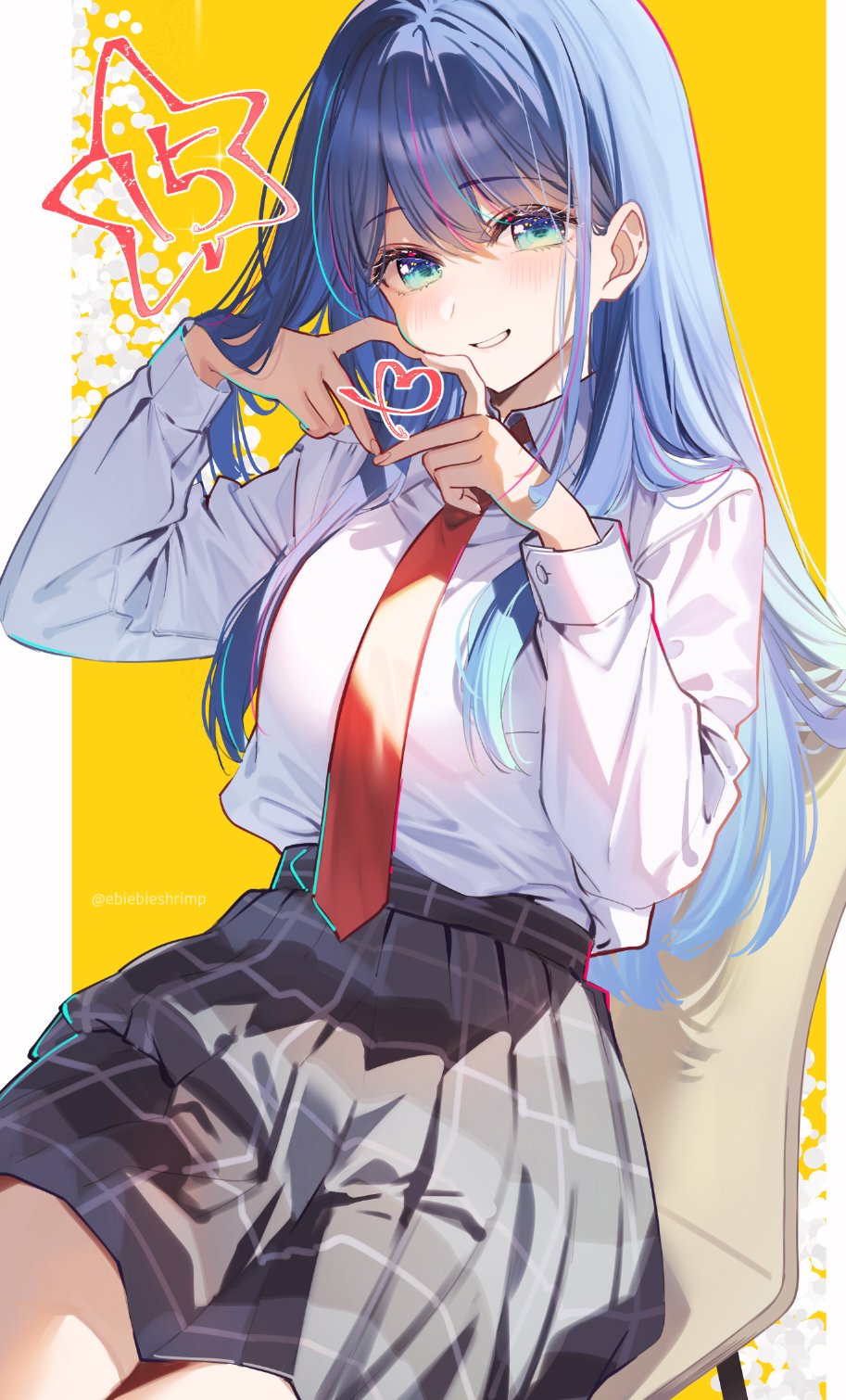 1girl 4-finger_heart_hands blue_eyes blue_hair chair collared_shirt commentary_request heart heart_hands highres kurokawa_akane long_hair necktie oshi_no_ko pleated_skirt red_necktie shirt shuri_(84k) sitting skirt sleeve_cuffs smile solo star_(symbol) white_shirt