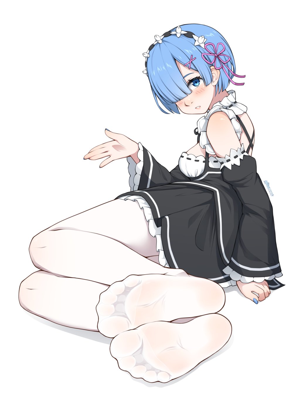 1girl artist_logo artist_name black_dress blue_eyes blue_hair blue_nails blush breasts detached_sleeves dress eyelashes feet foot_focus foreshortening frilled_dress frilled_sleeves frills full_body hair_ornament hair_over_one_eye hand_up highres legs legs_together logo looking_at_viewer lululewd maid medium_breasts nail_polish no_shoes on_ground one_eye_covered pantyhose parted_bangs parted_lips re:zero_kara_hajimeru_isekai_seikatsu rem_(re:zero) ribbon-trimmed_clothes ribbon_trim roswaal_mansion_maid_uniform shadow short_hair simple_background sitting soles solo toes white_background white_pantyhose wide_sleeves x_hair_ornament