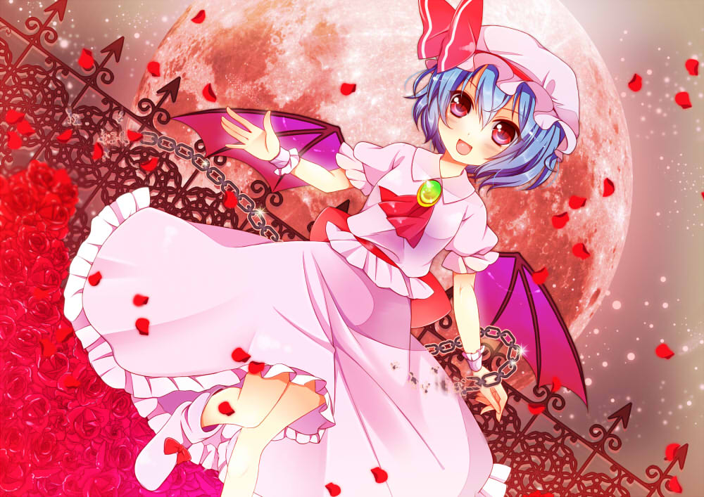 1girl :d ascot bad_id bad_pixiv_id bat_wings blue_hair bow chain dress female_focus fence flower full_moon hat hat_bow moon nekosugi_(hoshi) open_mouth petals red_eyes red_flower red_moon red_rose remilia_scarlet rose smile socks solo touhou wings wrist_cuffs