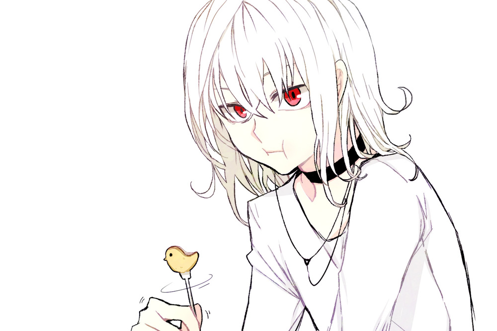 1boy accelerator_(toaru_majutsu_no_index) albino androgynous black_choker choker closed_mouth commentary electrodes gung hair_between_eyes holding long_bangs medium_hair pale_skin red_eyes shirt sidelocks simple_background solo toaru_majutsu_no_index white_background white_hair white_shirt