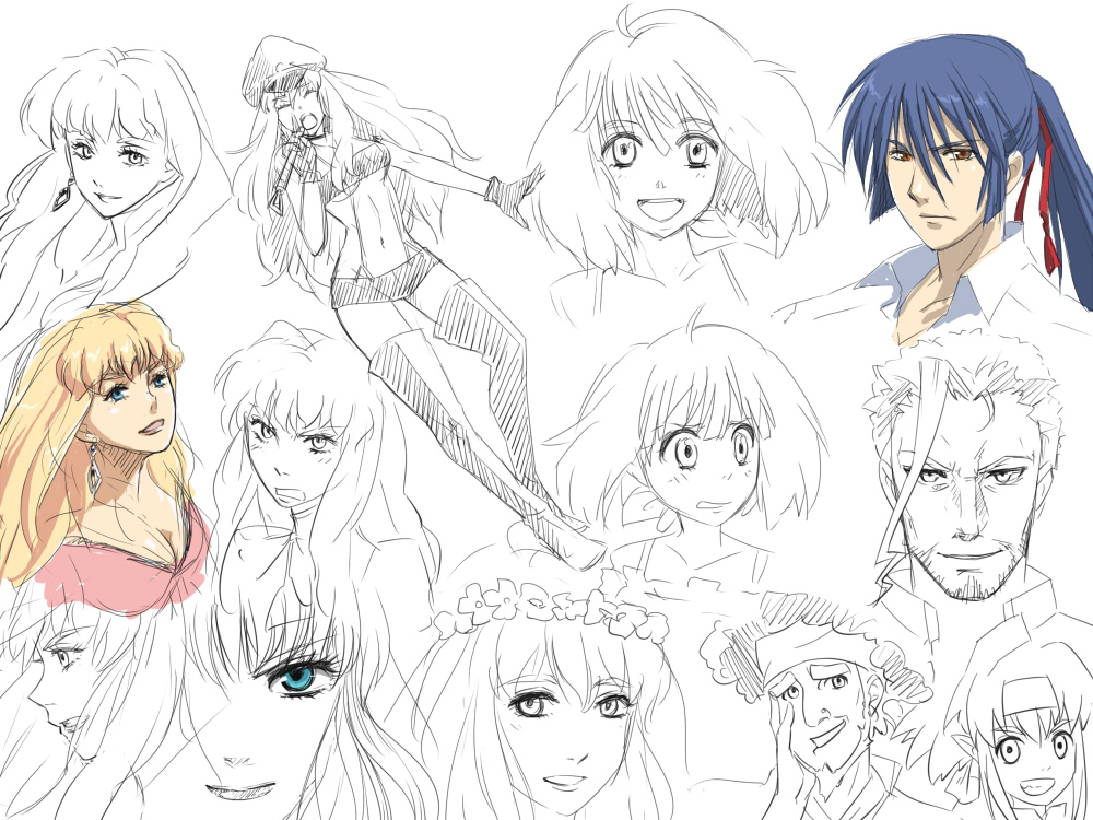 00s 3boys 3girls klan_klein macross macross_frontier multiple_boys multiple_girls nira_(niratoro) ozma_lee pointy_ears ranka_lee saotome_alto sheryl_nome sketch thighhighs