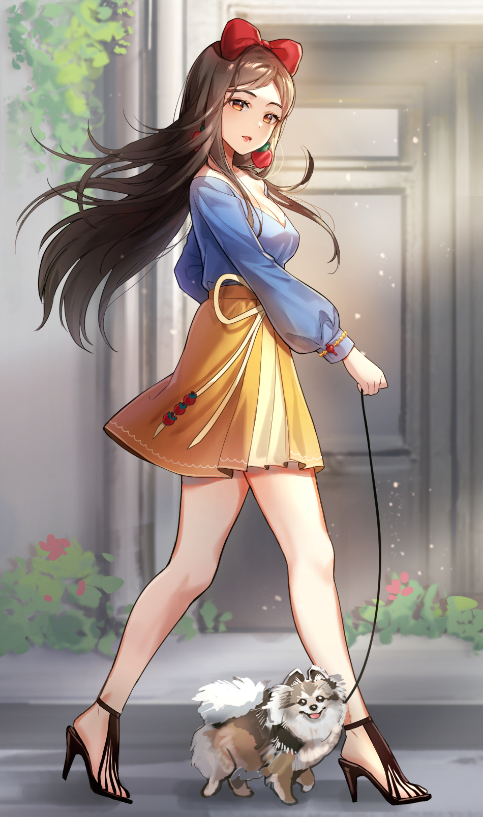 1girl apple_earrings blue_shirt bow breasts brown_hair chibi_vanille cleavage dog pet_walking earrings food-themed_earrings food_themed_earrings full_body hair_bow hair_ribbon high_heels highres jewelry leash long_hair looking_at_viewer looking_to_the_side medium_breasts no_socks off-shoulder_shirt off_shoulder open_mouth orange_eyes outdoors parted_bangs red_bow ribbon shirt skirt snow_white solo standing yellow_skirt