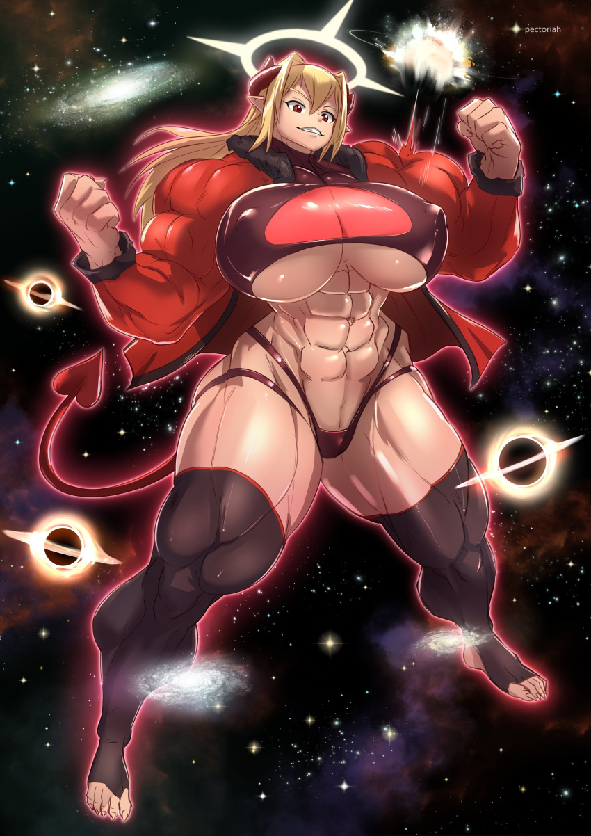 abs breasts demon_girl halo highres horns huge_breasts muscular muscular_female non-web_source sophia_(pectoriah)