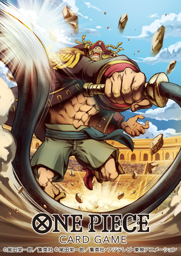 1boy abs bare_pectorals blonde_hair braid cloud commentary_request copyright_name epaulettes green_shorts hat holding holding_weapon holding_whip long_sleeves male_focus nekobayashi official_art one_piece one_piece_card_game open_mouth orlumbus pebble pectorals pirate_hat sash shorts sky solo weapon