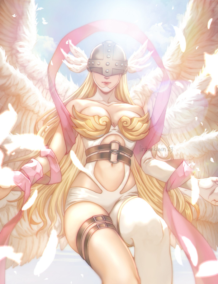 angel angel_girl angewomon digimon digimon_(creature) head_wings long_hair mask wings