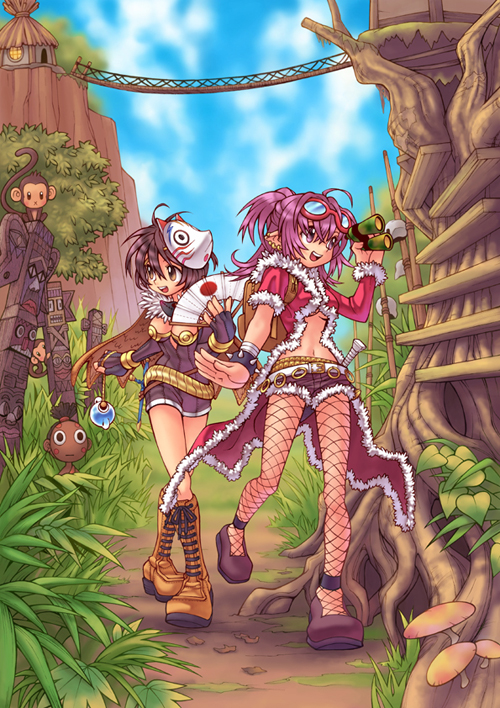 2000s_(style) 2girls alchemist_(ragnarok_online) bad_id belt binoculars blue_sky bracelet breasts bridge brown_cape brown_dress brown_footwear brown_hair brown_shorts cape coat commentary_request copyright_notice dated_commentary day dress earrings elbow_gloves fingerless_gloves fishnet_pantyhose fishnets folding_fan fox_mask full_body fur-trimmed_coat fur-trimmed_shorts fur_collar fur_trim gloves goggles goggles_on_head grass hair_between_eyes hand_fan holding holding_binoculars holding_fan hut jewelry korean_commentary long_hair looking_afar looking_to_the_side mask mask_on_head medium_breasts monkey monster_gogo multiple_girls official_art open_clothes open_coat open_mouth outdoors pantyhose pointy_ears potion purple_hair ragnarok_online red_coat rogue_(ragnarok_online) rope_bridge shoes short_dress short_hair short_shorts shorts sky small_breasts smile spiked_bracelet spikes strapless strapless_dress totem tree underboob white_belt yoyo_(ragnarok_online)