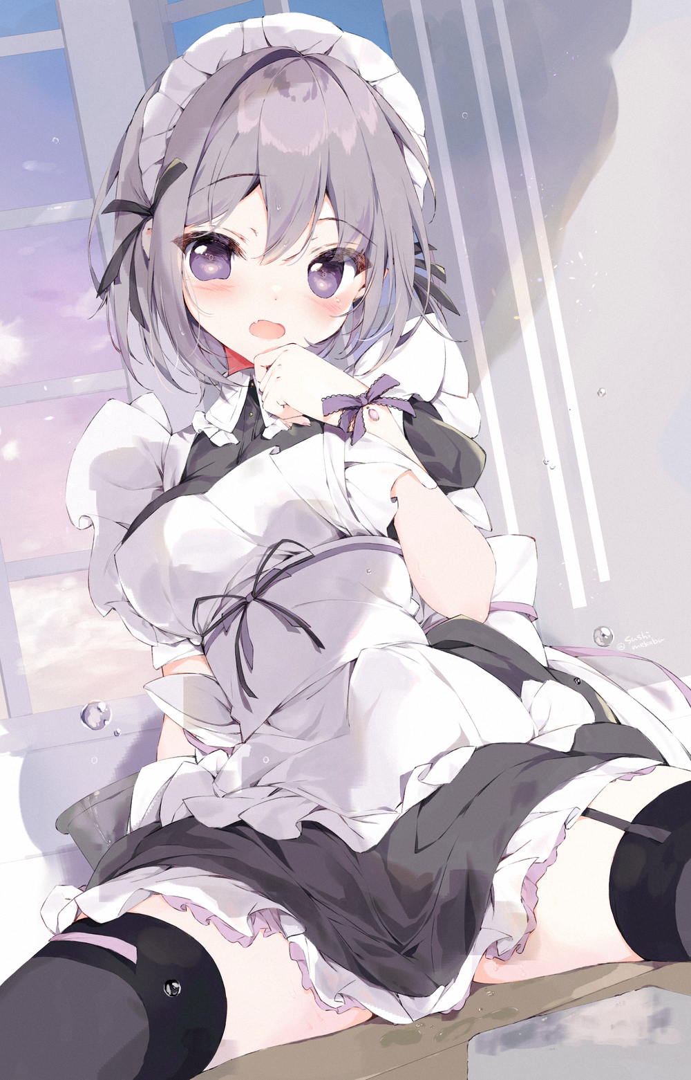 1girl :o apron black_ribbon blush breasts cleavage ear_focus fang frilled_apron frilled_skirt frills garter_belt garter_straps garterbelt_(psg) grey_hair hair_between_eyes head_tilt highres looking_at_viewer maid maid_apron maid_headdress medium_breasts open_mouth original purple_eyes purple_ribbon ribbon short_hair short_sleeves sitting skirt small_breasts spread_legs sushimekabu thighhighs thighs