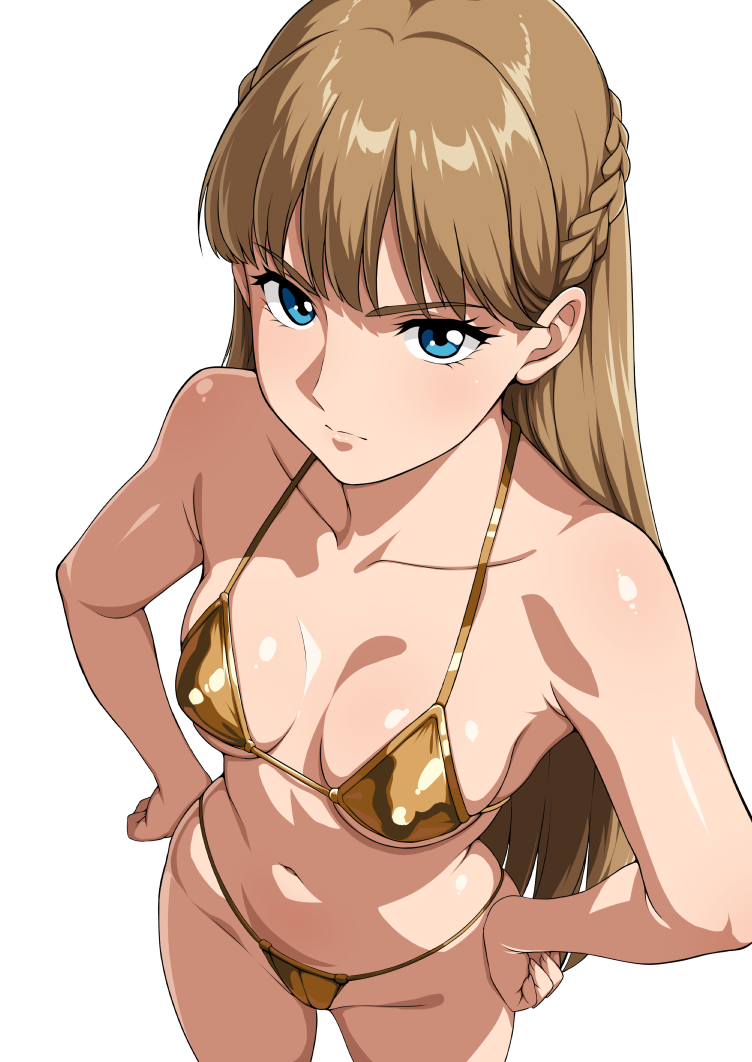 1girl bikini blue_eyes braid breasts brown_hair covered_erect_nipples gold_bikini gundam gundam_wing jabara_tornado long_hair looking_at_viewer medium_breasts micro_bikini navel relena_peacecraft shiny_clothes shiny_skin simple_background skindentation solo standing swimsuit white_background