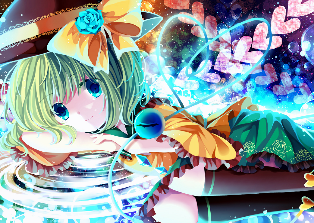 1girl afloat black_socks blue_eyes female_focus green_hair hat komeiji_koishi looking_at_viewer lying moseley short_hair smile socks solo third_eye touhou