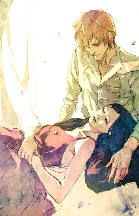 bella_swan black_hair blonde_hair dress edward_cullen closed_eyes lap_pillow nozoki_davis red_dress shirt sleeping the_twilight_saga