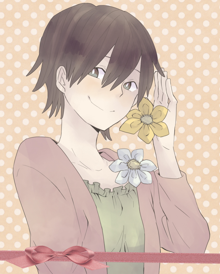 1girl brown_eyes brown_hair durarara!! female_focus flower hitsuji_seina looking_at_viewer mikajima_saki polka_dot polka_dot_background ribbon short_hair smile solo upper_body