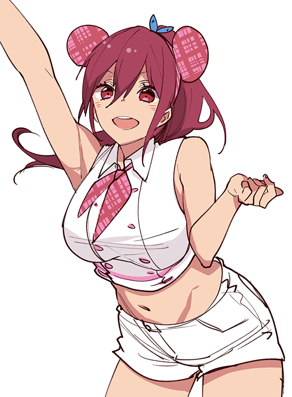 1girl animal_ears arm_up armpits bear_ears breasts buttons clenched_hand collared_shirt crop_top double-breasted fake_animal_ears free! long_hair looking_at_viewer matsuoka_gou megumi-square navel open_mouth ponytail shirt short_shorts shorts solo