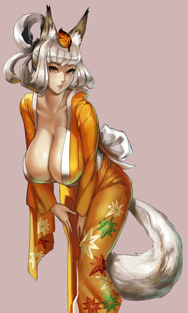 1girl animal_ears blush breasts cleavage cowboy_shot downblouse eu03 female_focus fox_ears fox_tail hair_rings hair_up hand_on_thigh hanging_breasts huge_breasts japanese_clothes kimono kongiku leaf leaf_on_head leaning_forward lips looking_at_viewer multi-tied_hair no_bra oboro_muramasa orange_eyes sagging_breasts silver_hair simple_background smile solo tail