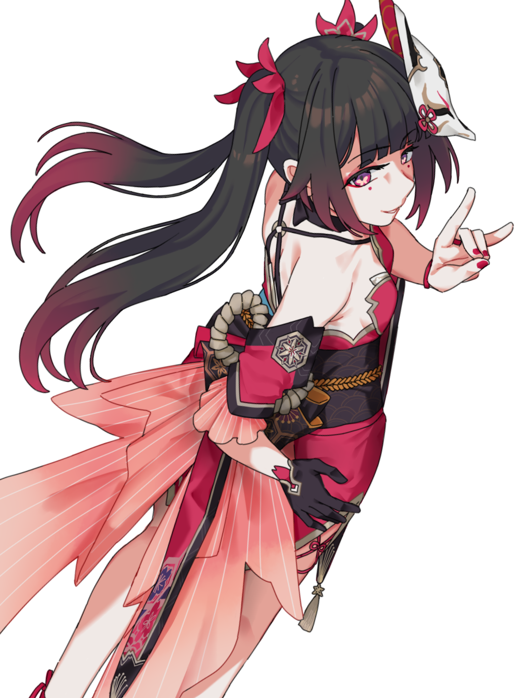 1girl bare_shoulders black_gloves black_hair detached_sleeves dress floating_hair fox_mask fox_shadow_puppet from_side gloves gradient_hair hand_up highres honkai:_star_rail honkai_(series) looking_at_viewer mask multicolored_hair parted_lips pink_eyes red_dress shi_(shi4557) short_sleeves simple_background single_glove solo sparkle_(honkai:_star_rail) twintails white_background