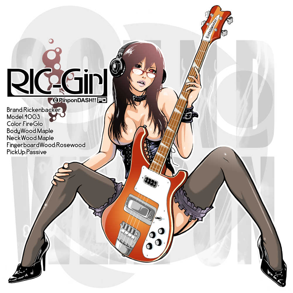 1girl bare_shoulders bass_guitar breasts brown_hair cleavage collar corset female_focus frilled_thighhighs frills garter_straps gavas glasses guitar hair_censor headphones instrument original rickenbacker solo spread_legs thighhighs