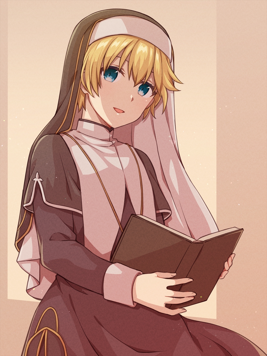 1girl blonde_hair blue_eyes bob_cut book chihiro_(chihiro3399) eiyuu_densetsu highres holding holding_book looking_at_viewer nun rosine_(eiyuu_densetsu) sen_no_kiseki_(series) sen_no_kiseki_i short_hair sitting smile solo traditional_nun