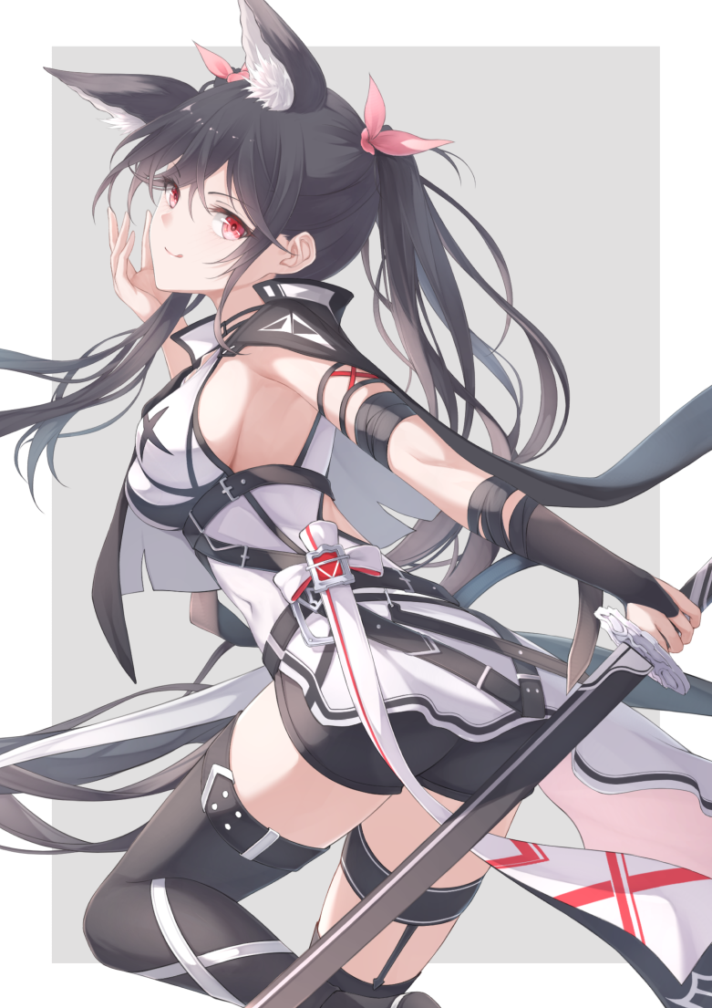 1girl :q animal_ear_fluff animal_ears black_jacket black_shorts border breasts closed_mouth covered_navel cowboy_shot extra_ears fox_ears fox_girl from_behind fuuro_(johnsonwade) grey_background hair_ribbon holding holding_sword holding_weapon impossible_clothes impossible_shirt jacket jacket_on_shoulders katana long_hair looking_at_viewer medium_breasts original outside_border pink_ribbon ponytail red_eyes ribbon shirt shorts sideboob sidelocks smile solo sword tongue tongue_out very_long_hair weapon white_border white_shirt