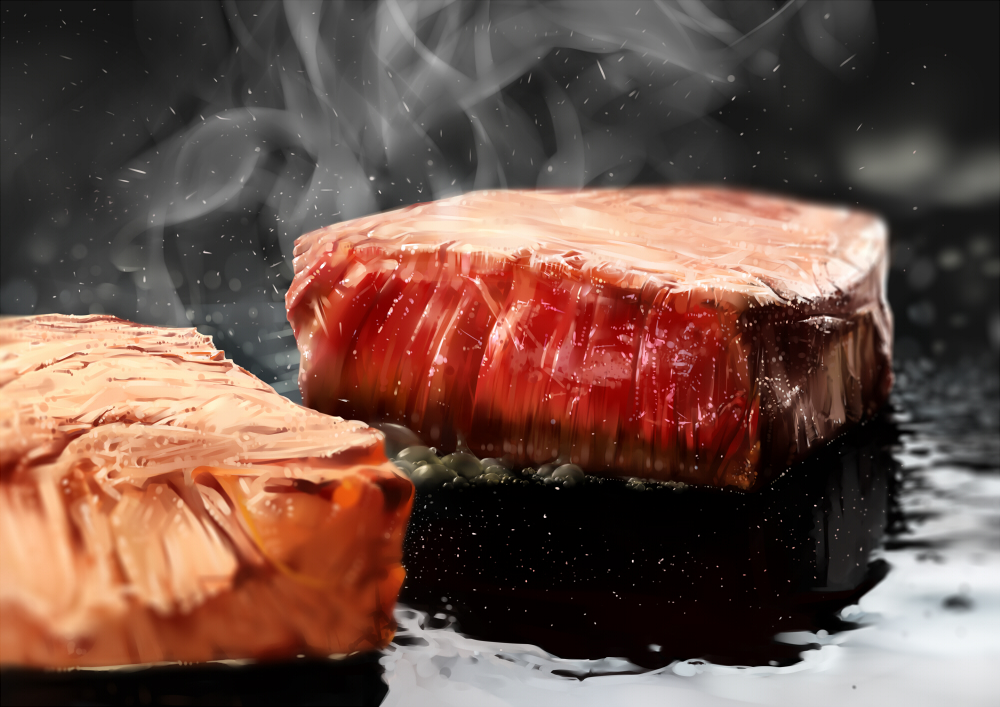 blurry depth_of_field food food_focus li27n meat no_humans original photorealistic realistic smoke steak still_life