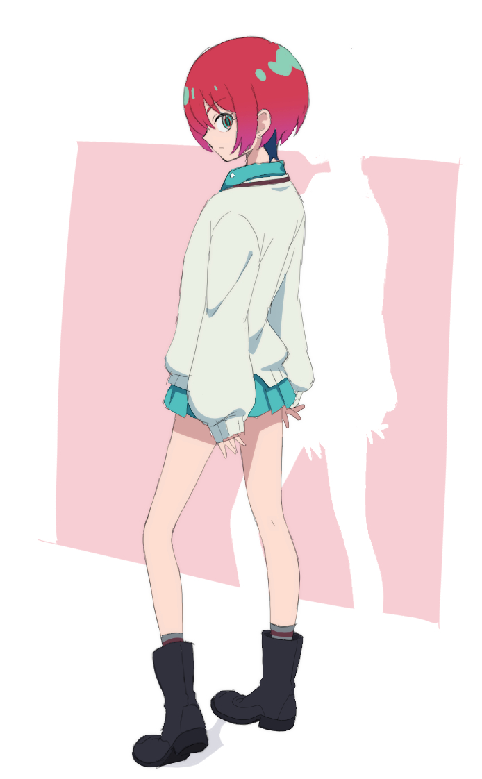 1girl amate_yuzuriha black_footwear blue_shirt blue_skirt boots collared_shirt drop_shadow full_body green_eyes grey_jacket grey_socks gundam gundam_gquuuuuux jacket long_sleeves nyaru_(nyaru_4126) pink_background pleated_skirt profile puffy_long_sleeves puffy_sleeves red_hair shirt short_hair skirt sleeves_past_wrists socks solo two-tone_background white_background