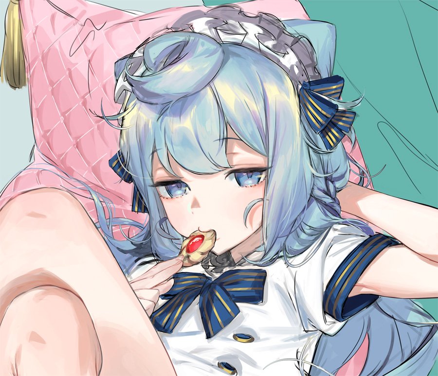 1boy ahoge arm_behind_head blue_bow blue_eyes blue_hair bow braid buttons cookie crossed_legs double-breasted eating expressionless food hacka_doll hacka_doll_3 long_hair maid_headdress male_focus naoko_(naonocoto) pillow short_sleeves striped_bow thumbprint_cookie trap unfinished very_long_hair