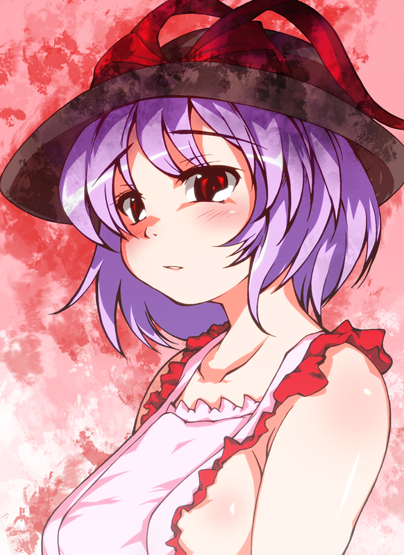 1girl adapted_costume apron bad_id bad_pixiv_id bare_shoulders blush breasts female_focus frills hat nagae_iku naked_apron purple_hair red_eyes ribbon sideboob solo suzu_(suzuko) touhou