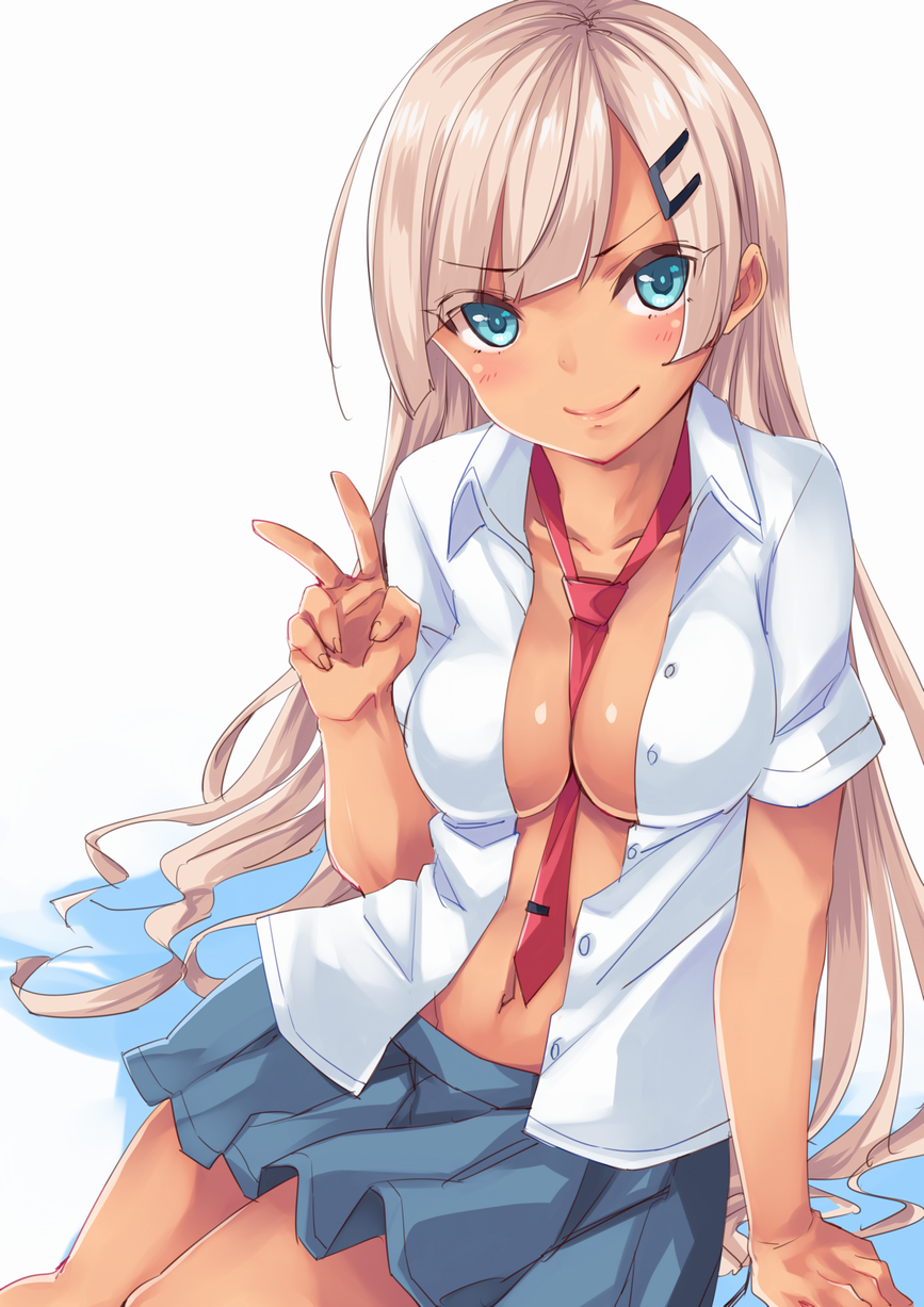 1girl arios_(orochi_yuta) between_breasts blonde_hair blue_eyes breasts cleavage dark-skinned_female dark_skin female_focus hair_ornament hairclip highres long_hair looking_at_viewer necktie necktie_between_breasts no_bra open_clothes open_shirt original pleated_skirt red_necktie shirt simple_background sitting skirt smile solo v white_background