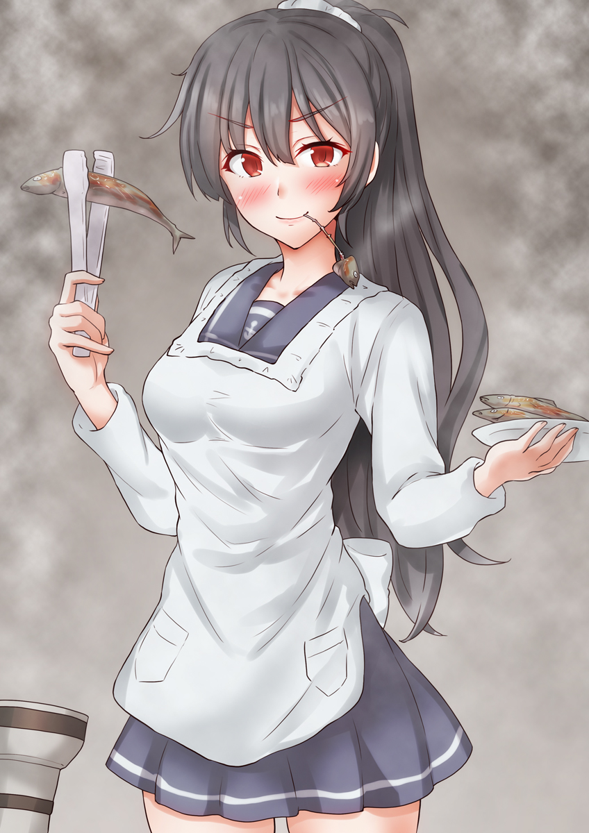 1girl anti_(untea9) apron brown_eyes commentary_request cowboy_shot fish grey_background grey_sailor_collar grey_skirt highres holding isokaze_(kancolle) isokaze_(saury_festival)_(kancolle) kantai_collection kappougi long_hair looking_at_viewer mouth_hold ponytail sailor_collar skirt smoke solo