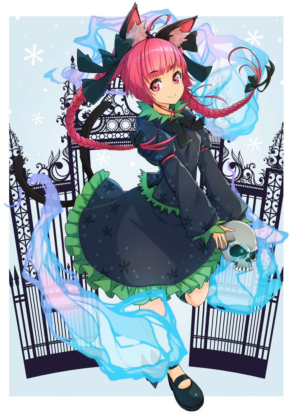 1girl animal_ears black_skirt bow braid cat_ears cat_tail female_focus frilled_skirt frills full_body gate green_bow hair_bow highres kaenbyou_rin long_hair long_sleeves looking_at_viewer maru-pen puffy_long_sleeves puffy_sleeves red_eyes red_hair skirt skull smile solo standing standing_on_one_leg tail touhou twin_braids