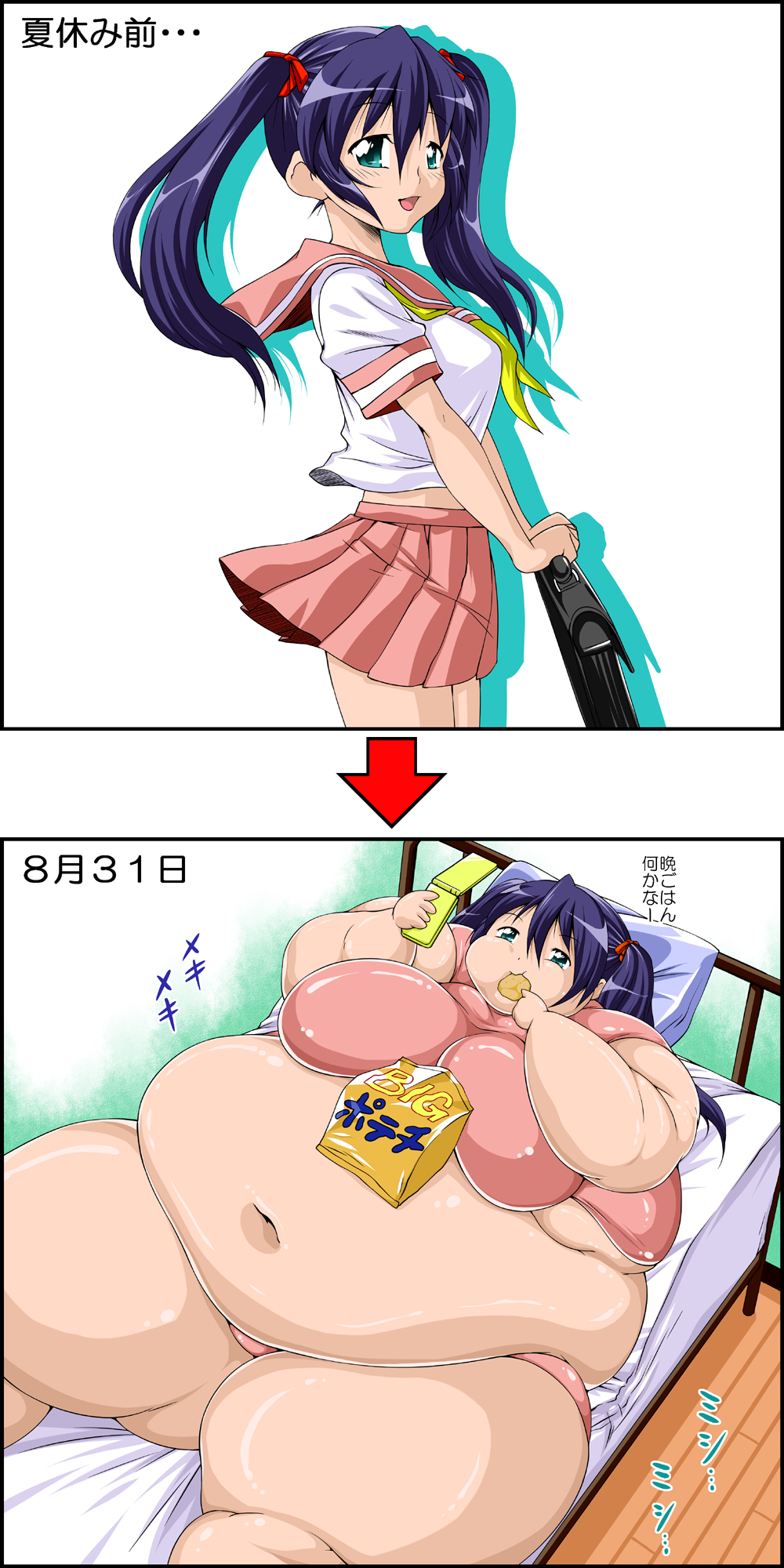 tetsujinex, highres, translation request, 1girl, blue eyes, blue hair,  breasts, eating, fat, food, large breasts, matching haireyes, navel,  obese, solo, twintails, weight gain - Image View - | Gelbooru - Free Anime
