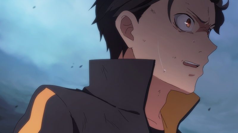 1boy black_hair brown_eyes fake_screenshot from_side hair_slicked_back natsuki_subaru official_style re:zero_kara_hajimeru_isekai_seikatsu shake_sawa short_hair solo spoilers sweat track_suit wide-eyed