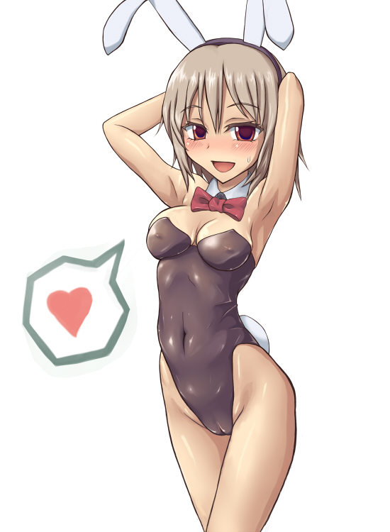 1girl animal_ears armpits arms_up bad_id bad_pixiv_id bow bowtie breasts brown_hair cameltoe covered_erect_nipples detached_collar fake_animal_ears female_focus leotard medium_breasts mimimimimi original pantyhose playboy_bunny rabbit_ears red_eyes solo wrist_cuffs